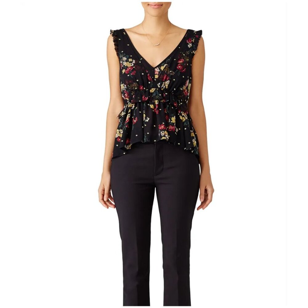 NEW CINQ à SEPT "Luna" Silk Sleeveless Peplum Tiered Top Black Floral Women XL